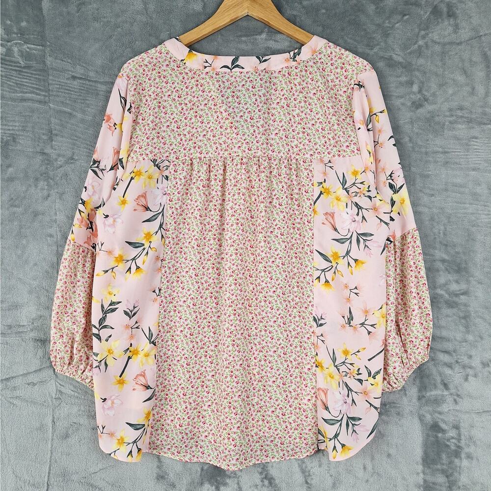 Womens Top 14/16W Pink Boho Romantic Floral Feminine Patchwork Bloomcore Button - Picture 7 of 7